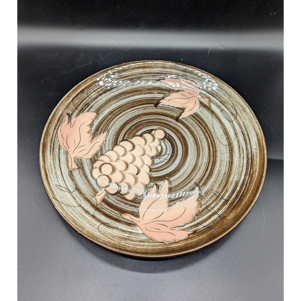 MCM 1950s Santa Anita Ware Vreni Pink Grapes and Leaves Brown Chop Plate 12.25"